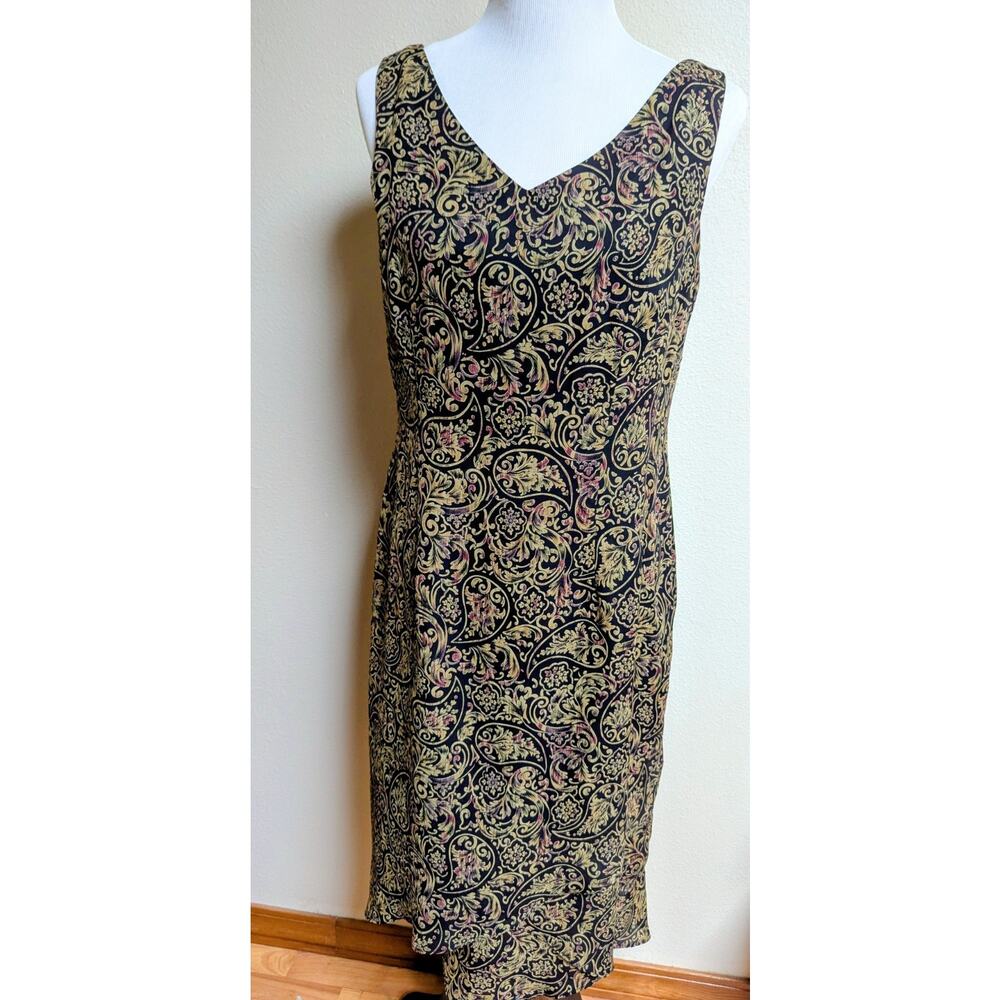 Women’s Black Gold Pink Paisley Sheath Dress V-Neck Sleeveless Knee Length